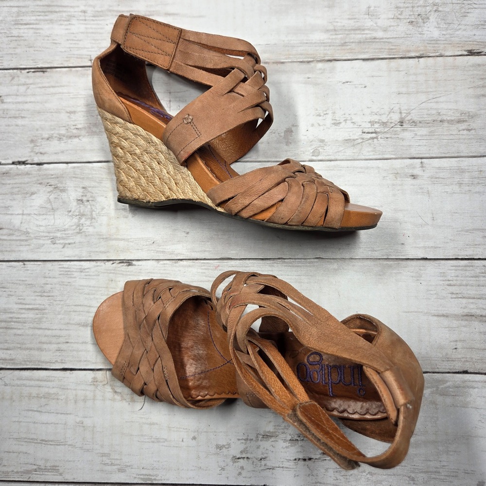 Clarks Indigo 87699 Woven Wedge Sandals Gladiator Womens 8M Tan Leather